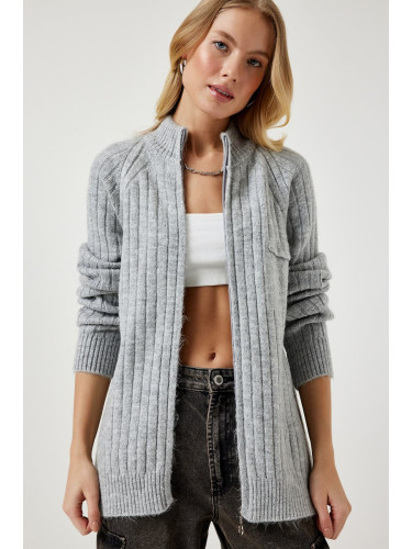 Happiness İstanbul Women's Gray Zippered Knitwear Cardigan