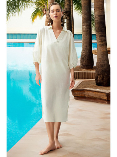Trendyol Ecru Wide Fit Midi Woven Balloon Sleeve 100% Cotton Beach Dress