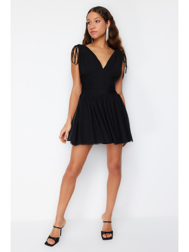Trendyol Black A-Cut Knitted Tulle Short Evening Dress