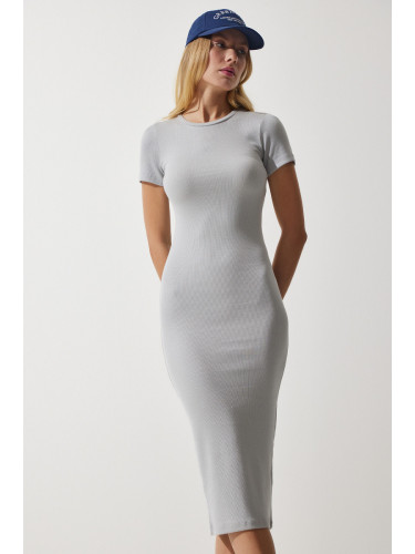 Happiness İstanbul Women's Stone Crew Neck Wraparound Ribbed Knitted Dress