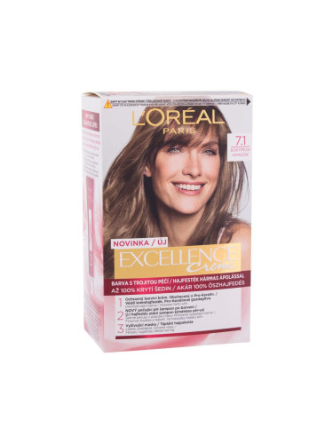 L'Oréal Paris Excellence Creme Triple Protection Боя за коса за жени 48 ml Нюанс 7,1 Natural Ash Blonde увредена кутия