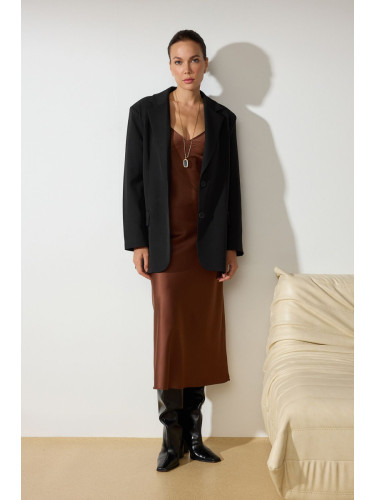 Trendyol Brown Straight Cut Satin Strappy Maxi Woven Dress