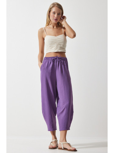 Happiness İstanbul Women's Dark Purple Pocket Linen Viscose Baggy Trousers