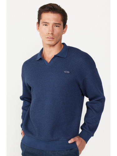 AC&Co / Altınyıldız Classics Men's Navy Blue Loose Fit Fleece 3 Thread Polo Neck Jacquard Sweatshirt