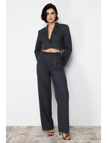 Trendyol Anthracite Premium Wide Leg Pinstripe Polyviscon Woven Trousers