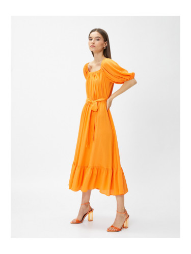 Koton Layered Midi Length Dress With Open Shoulders With Belt