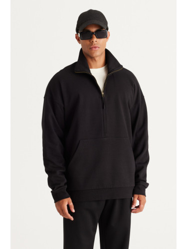 AC&Co / Altınyıldız Classics Men's Black Oversize Loose Fit Fleece Thread Standing Bato Collar Cotton Sweatshirt