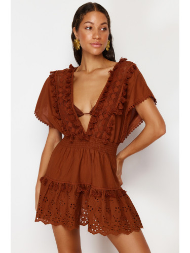 Trendyol Brown Mini Woven Embroidery Detailed 100% Cotton Beach Dress