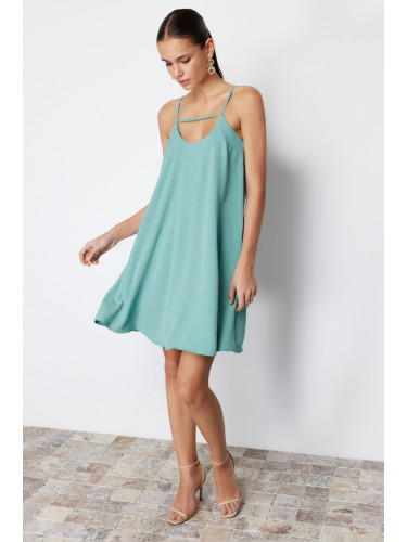 Trendyol Green Comfortable Cut Strappy Collar Detailed Mini Woven Dress