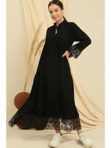 By Saygı Laced Oversize Viscose Dress with Half Button Front Sleeves and Hem