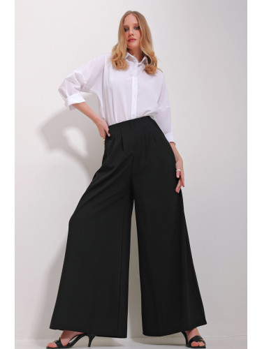 Trend Alaçatı Stili Women's Black High Waist Darted Wide Leg Front Zipper Trousers