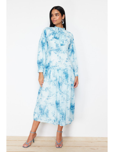 Trendyol Blue Lined Floral Pattern Belted Woven Dress