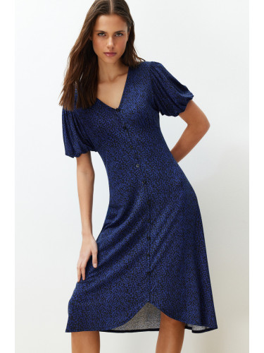 Trendyol Navy Blue Balloon Sleeve Printed Midi Flexible Knitted Midi Dress