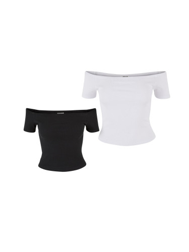 Women's Organic Off Shoulder Rib T-Shirt - 2 Pack Black+White