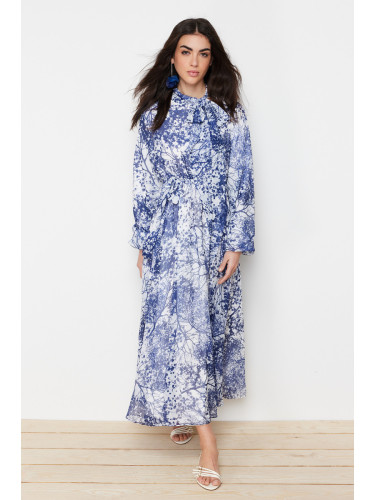 Trendyol Blue Floral Pattern Lined Long Chiffon Evening Dress