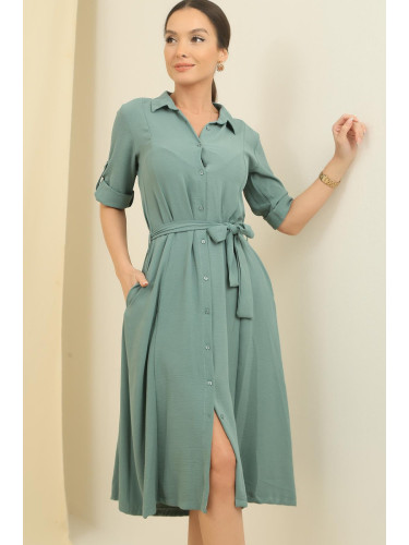 By Saygı Front Buttoned Sleeve Fold Waist Belted Pocket Dress
