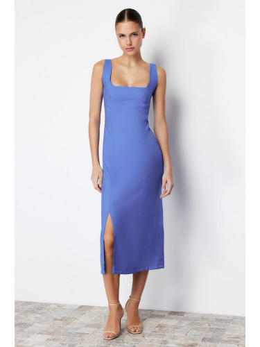 Trendyol Indigo A-line Square Collar Slit Strap Midi Woven Dress
