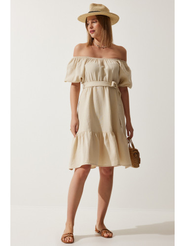 Happiness İstanbul Women's Cream Carmen Collar Belted Summer Muslin Dress