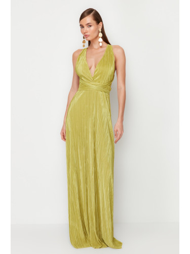 Trendyol Oil Green A-Cut Belted Lined Knitted Long Elegant Evening Dress