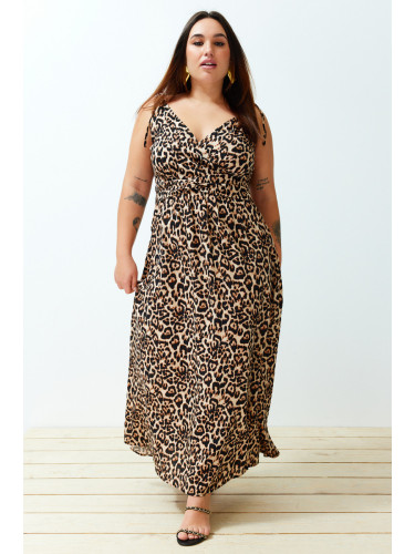 Trendyol Curve Camel Maxi/Long Slit Summer Leopard Patterned Woven Dress