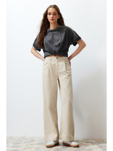 Trendyol Beige Pleated High Waist Seasonal Wide Leg Jeans