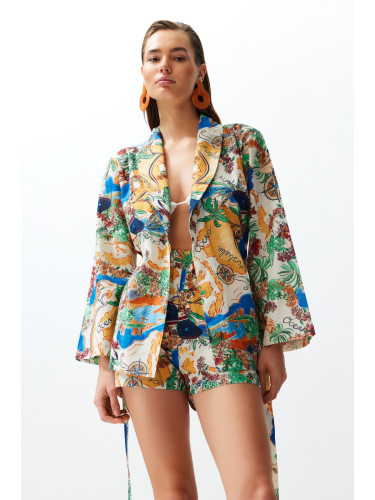 Trendyol Tropical Patterned Belted Woven 100% Cotton Kimono Shorts Set