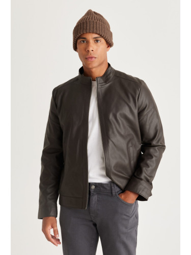 AC&Co / Altınyıldız Classics Men's Brown Standard Fit Normal Cut High Neck Faux Leather Jacket