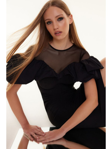 Trendyol Black Body-Sitting Woven Collar Detailed Elegant Evening Dress