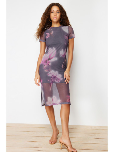 Trendyol Gray Floral Printed Midi Crew Neck Short Sleeve Stretchy Knitted Midi Pencil Dress