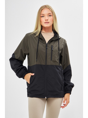 River Club Women's Khaki-Black Two-tone Lined Water And Windproof Hooded Raincoat With Pocket.