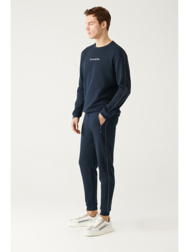 Avva Men's Navy Blue Laced Leg Elastic Cotton Breathable Regular Fit Jogger Sweatpants