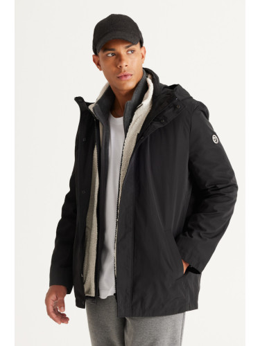 AC&Co / Altınyıldız Classics Men's Black Standard Fit Normal Cut Windproof Hooded High Neck Coats Trench Coat