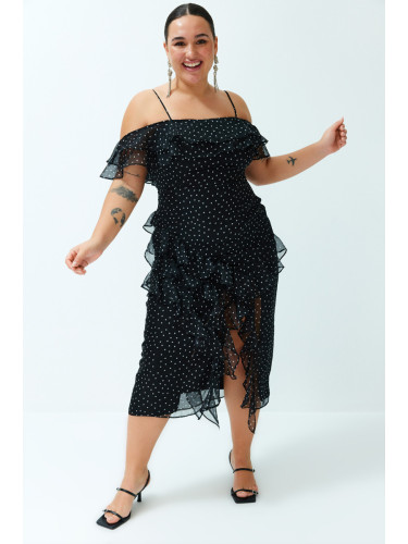 Trendyol Curve Black Polka Dot Ruffle Adjustable Strap Maxi/Long Length Woven Dress