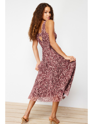 Trendyol Brown Animal/Leopard Printed V-Neck Tulle A-Line Midi Stretchy Knitted Dress