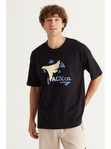AC&Co / Altınyıldız Classics Men's Black Oversize Loose Cut Crew Neck Printed T-Shirt