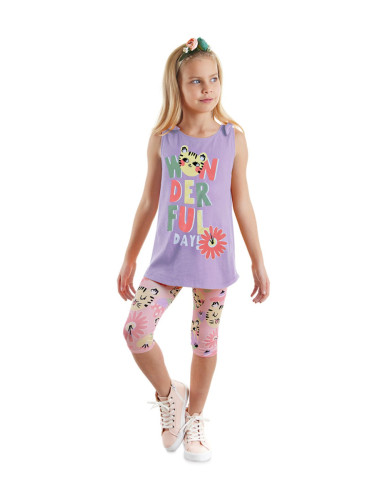 Denokids Cat Floral Sleeveless Girls Summer Tunic T-shirt Tights Set