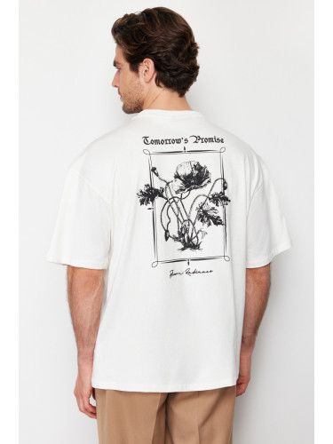 Trendyol Ecru Oversize Fluffy Floral Printed 100% Cotton T-Shirt