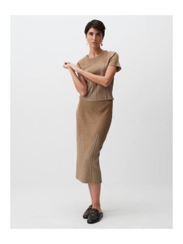 Jimmy Key Dark Beige Line Pattern Pleated Elegant Midi Skirt