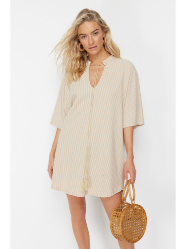 Trendyol Beige Wide Fit Mini Knitted Tied Beach Dress