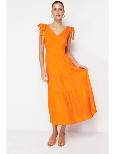 Trendyol Orange A-Cut Flounce V-neck Maxi Woven Dress
