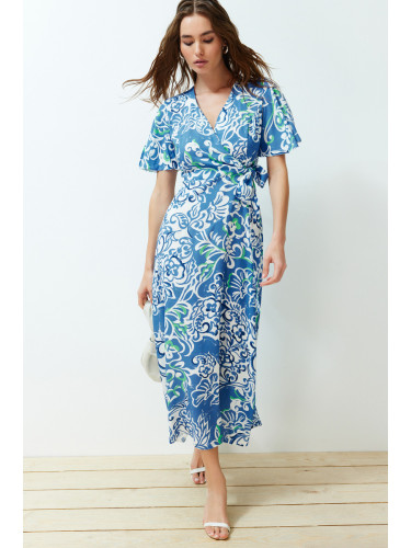 Trendyol Blue Floral Double Breasted Viscose Midi Woven Dress