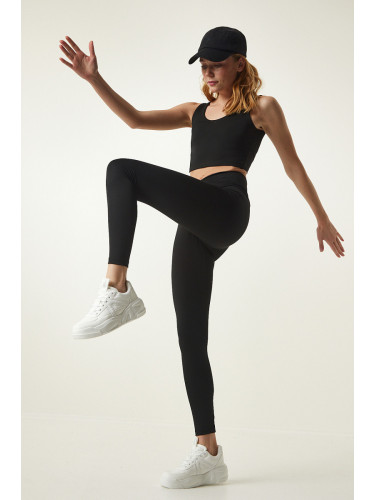 Happiness İstanbul Black Waist Detailed Knitted Sports Leggings