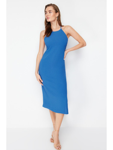 Trendyol Navy Blue Fitted/Body-Hugging Halter Collar Midi Woven Dress