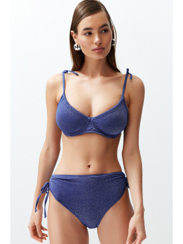 Trendyol Navy Blue Balconette Tie-Up Silvery High Waist Hipster Bikini Set