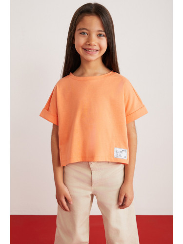 GRIMELANGE Verena Girls' 100% Cotton Double Sleeve Ornamental Label Orange T-shir