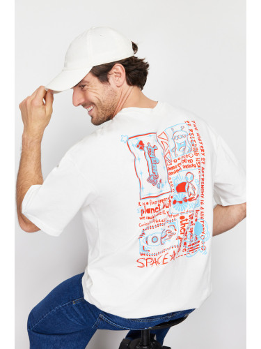 Trendyol Ecru Oversize/Wide Cut 100% Back Printed Short Sleeve T-Shirt