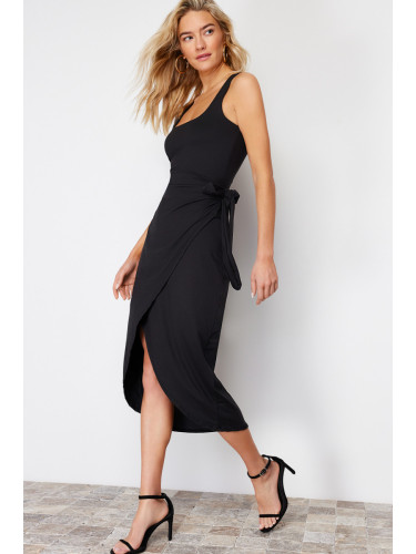 Trendyol Black Wrap Closure Detailed Flexible Midi Knitted Dress
