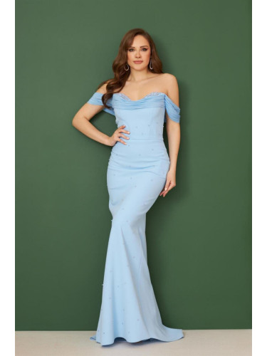Carmen Blue Crepe Pearl Embroidered Long Engagement Dress