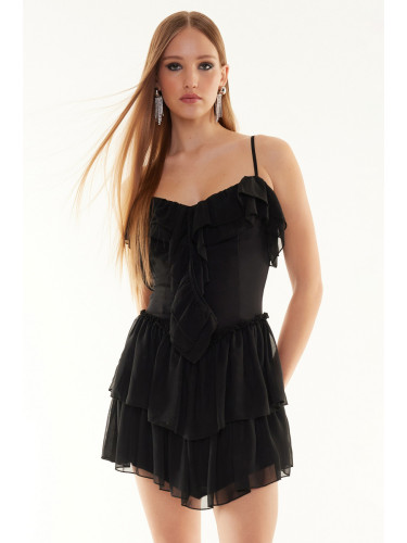 Trendyol Black A-Line Ruffled Woven Chiffon Short Dress