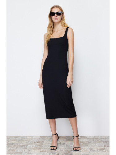 Trendyol Black Strap Square Neck Fitted Fitted Flexible Midi Knitted Pencil Dress